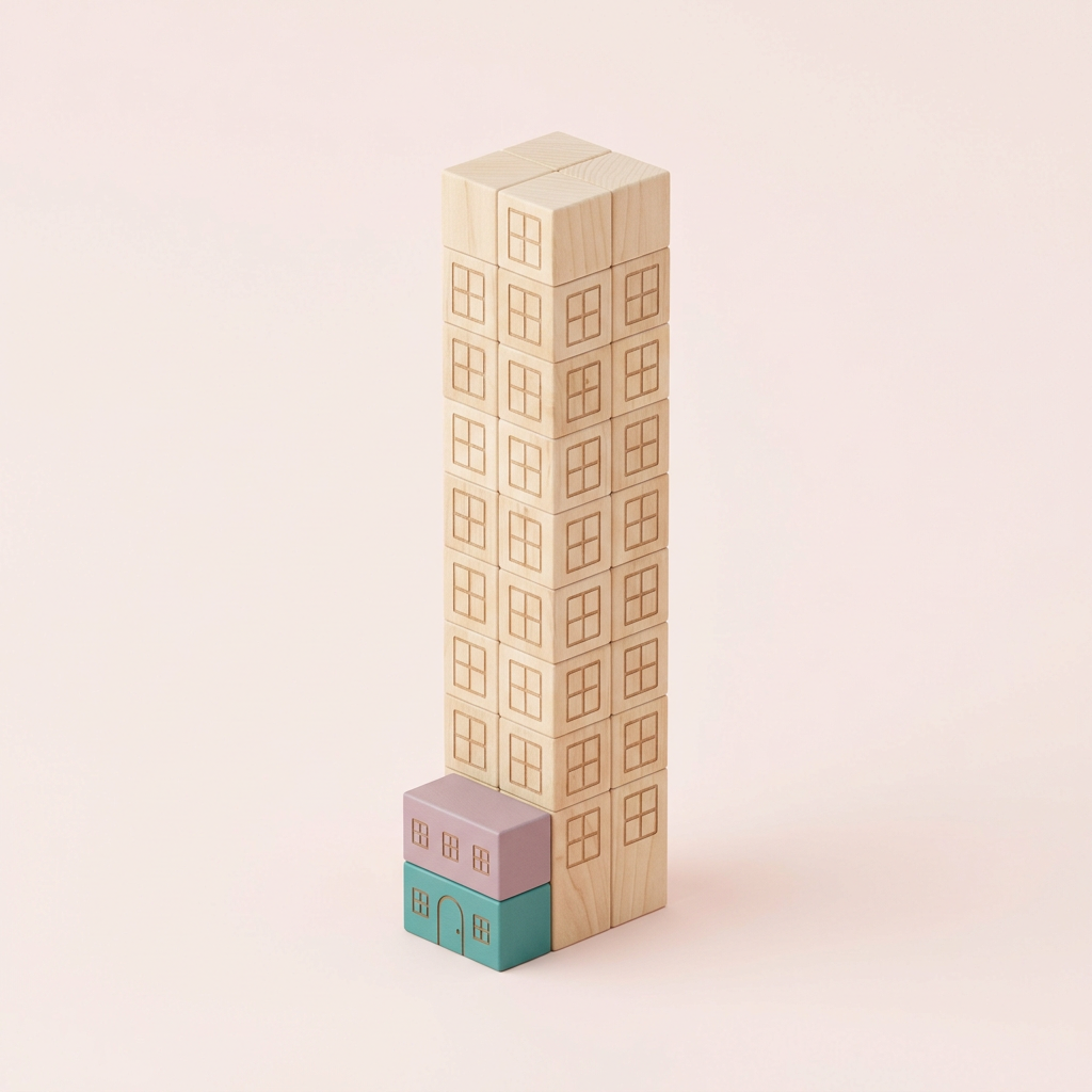 A tall tower of wooden blocks engraved with windows, with two small coloured houses at its foot