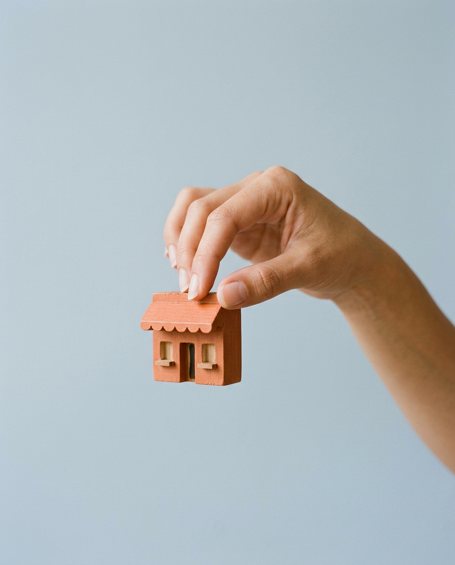 A hand holding a small terracotta wooden block shaped like a shopfront