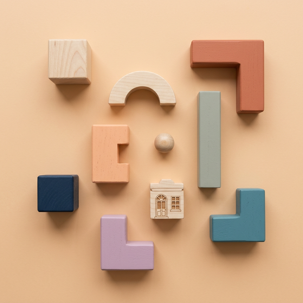 Painted and natural wooden blocks laid out on a peach surface, with a tiny block carved like a house at the centre